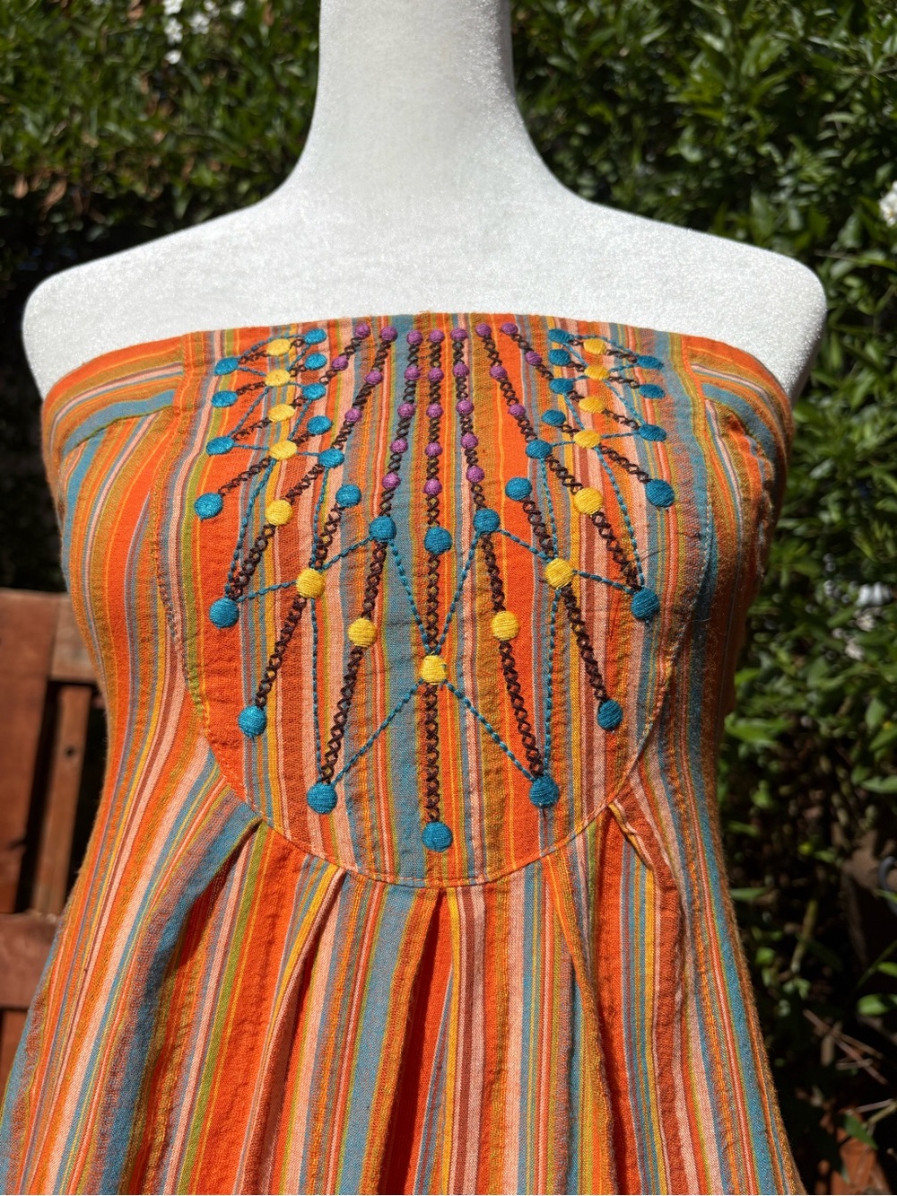 Boho Strapless Embroidered Cotton Sundress Orange Stripe Knee Length Dress S